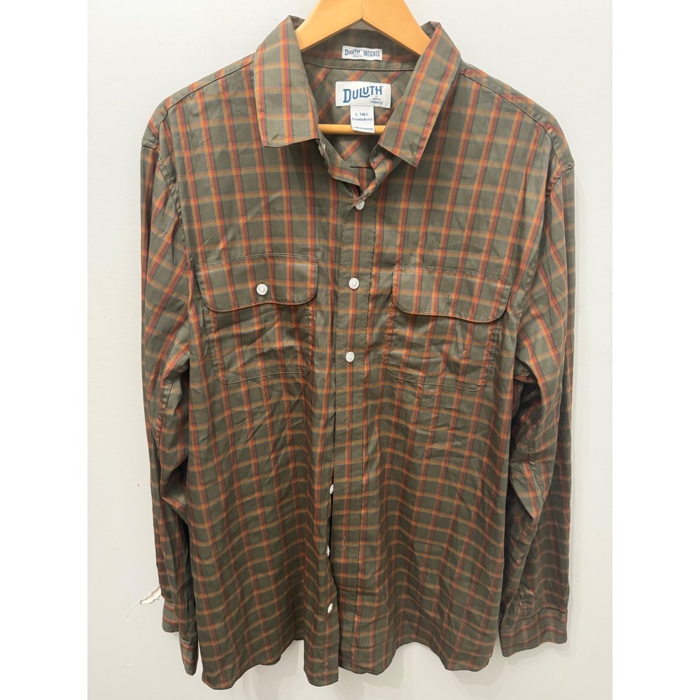 Duluth Trading Co Duluth Untucked Plaid Shirt Mens Large Tall LT Olive Orange